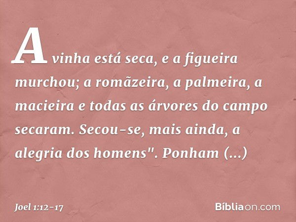 A vinha está seca,
e a figueira murchou;
a romãzeira, a palmeira, a macieira
e todas as árvores do campo
secaram.
Secou-se, mais ainda,
a alegria dos homens". P