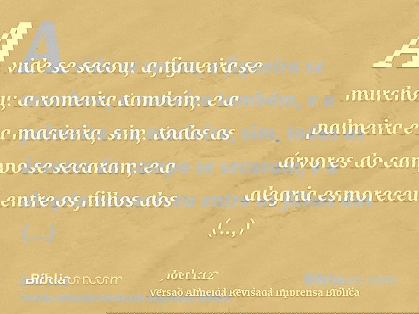A vide se secou, a figueira se murchou; a romeira também, e a palmeira e a macieira, sim, todas as árvores do campo se secaram; e a alegria esmoreceu entre os f