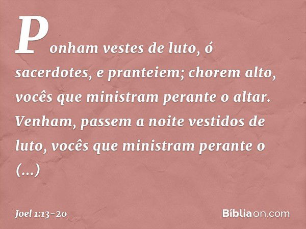 Ponham vestes de luto, ó sacerdotes,
e pranteiem;
chorem alto,
vocês que ministram perante o altar.
Venham,
passem a noite vestidos de luto,
vocês que ministram