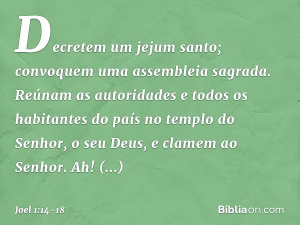 Decretem um jejum santo;
convoquem uma assembleia sagrada.
Reúnam as autoridades
e todos os habitantes do país
no templo do Senhor, o seu Deus,
e clamem ao Senh