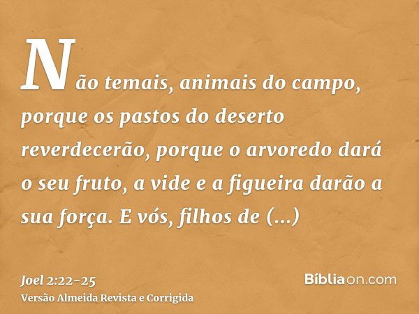 Não temais, animais do campo, porque os pastos do deserto reverdecerão, porque o arvoredo dará o seu fruto, a vide e a figueira darão a sua força.E vós, filhos 