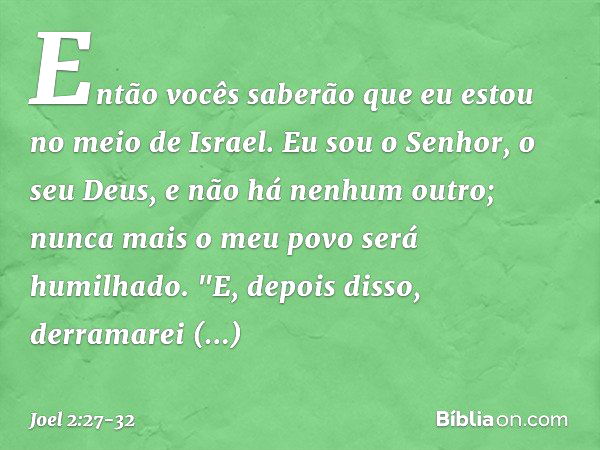 Então vocês saberão
que eu estou no meio de Israel.
Eu sou o Senhor, o seu Deus,
e não há nenhum outro;
nunca mais o meu povo será humilhado. "E, depois disso,
