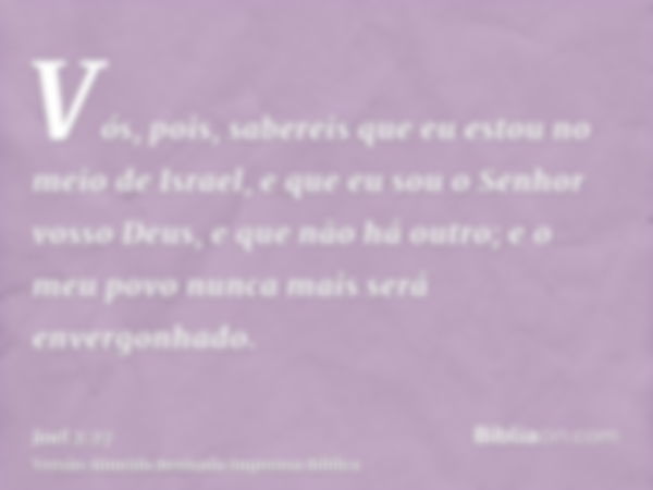 Vós, pois, sabereis que eu estou no meio de Israel, e que eu sou o Senhor vosso Deus, e que não há outro; e o meu povo nunca mais será envergonhado.