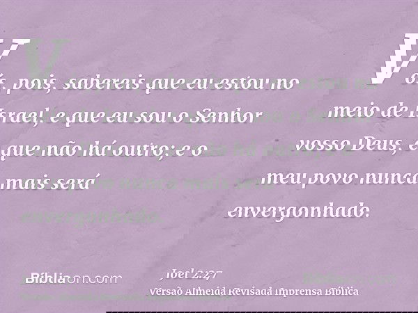 Vós, pois, sabereis que eu estou no meio de Israel, e que eu sou o Senhor vosso Deus, e que não há outro; e o meu povo nunca mais será envergonhado.