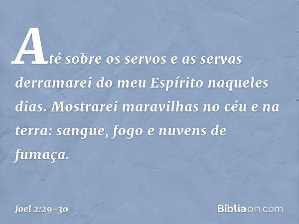 Até sobre os servos e as servas
derramarei do meu Espírito
naqueles dias. Mostrarei maravilhas no céu e na terra:
sangue, fogo e nuvens de fumaça. -- Joel 2:29-