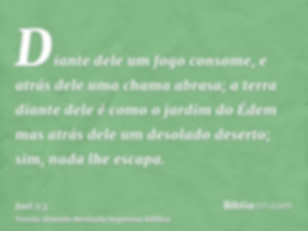 Diante dele um fogo consome, e atrás dele uma chama abrasa; a terra diante dele é como o jardim do Édem mas atrás dele um desolado deserto; sim, nada lhe escapa