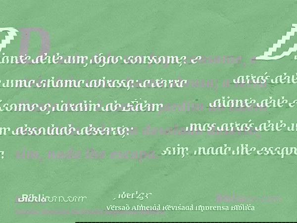 Diante dele um fogo consome, e atrás dele uma chama abrasa; a terra diante dele é como o jardim do Édem mas atrás dele um desolado deserto; sim, nada lhe escapa