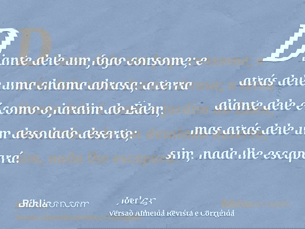 Diante dele um fogo consome; e atrás dele uma chama abrasa; a terra diante dele é como o jardim do Éden, mas atrás dele um desolado deserto; sim, nada lhe escap