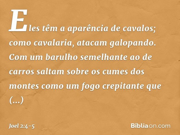 Eles têm a aparência de cavalos;
como cavalaria, atacam galopando. Com um barulho semelhante ao de carros
saltam sobre os cumes dos montes
como um fogo crepitan