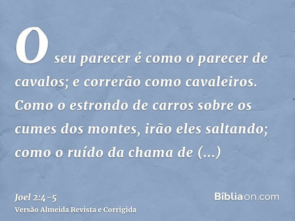 O seu parecer é como o parecer de cavalos; e correrão como cavaleiros.Como o estrondo de carros sobre os cumes dos montes, irão eles saltando; como o ruído da c