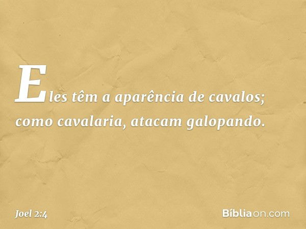 Eles têm a aparência de cavalos;
como cavalaria, atacam galopando. -- Joel 2:4