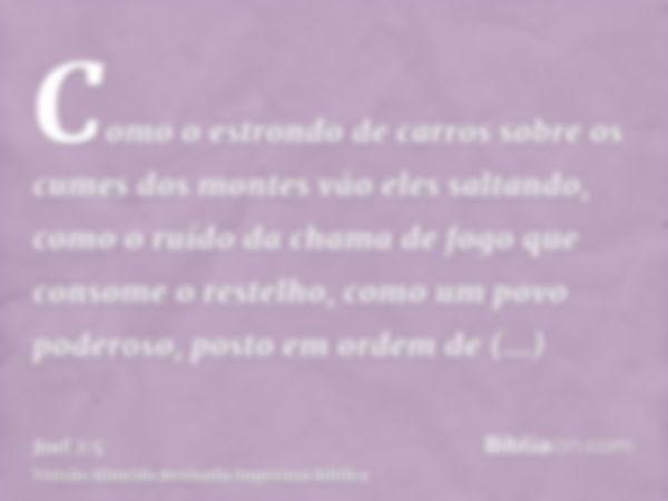 Como o estrondo de carros sobre os cumes dos montes vão eles saltando, como o ruído da chama de fogo que consome o restelho, como um povo poderoso, posto em ord