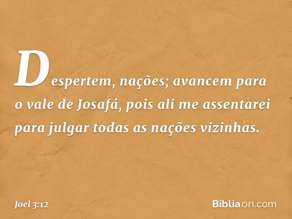 "Despertem, nações;
avancem para o vale de Josafá,
pois ali me assentarei
para julgar todas as nações vizinhas. -- Joel 3:12