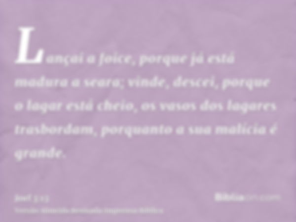 Lançai a foice, porque já está madura a seara; vinde, descei, porque o lagar está cheio, os vasos dos lagares trasbordam, porquanto a sua malícia é grande.