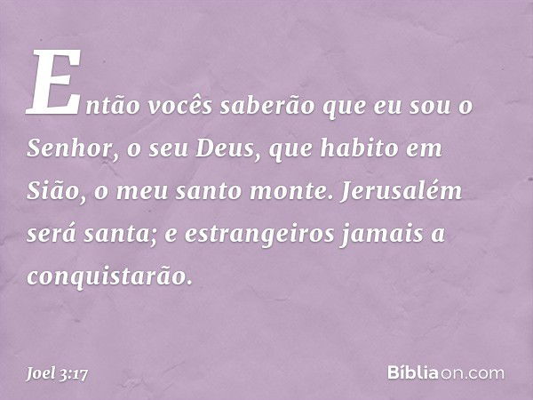 "Então vocês saberão
que eu sou o Senhor, o seu Deus,
que habito em Sião, o meu santo monte.
Jerusalém será santa;
e estrangeiros jamais a conquistarão. -- Joel