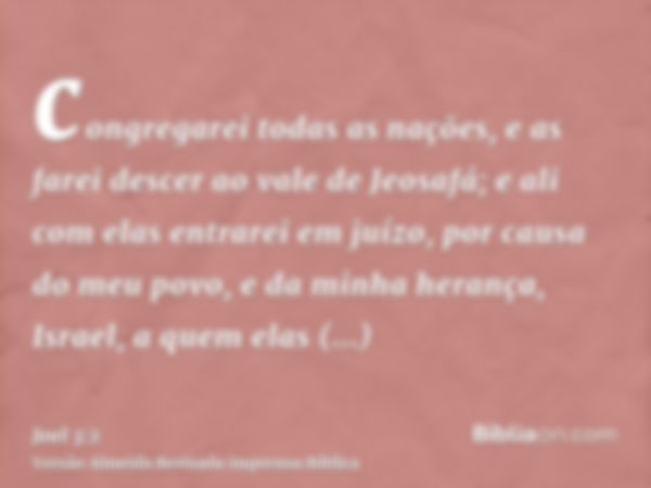 congregarei todas as nações, e as farei descer ao vale de Jeosafá; e ali com elas entrarei em juízo, por causa do meu povo, e da minha herança, Israel, a quem e