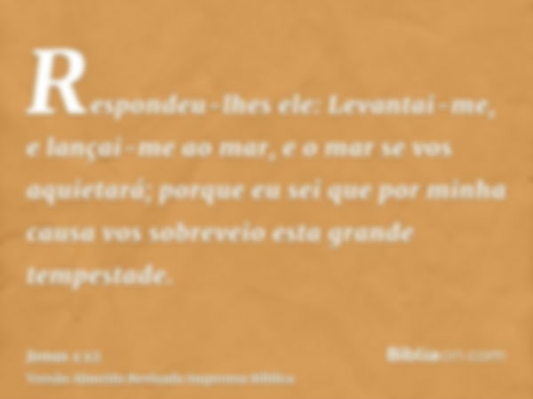 Respondeu-lhes ele: Levantai-me, e lançai-me ao mar, e o mar se vos aquietará; porque eu sei que por minha causa vos sobreveio esta grande tempestade.