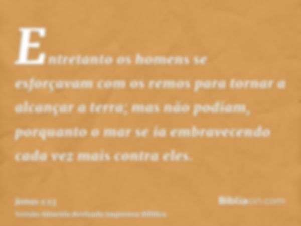 Entretanto os homens se esforçavam com os remos para tornar a alcançar a terra; mas não podiam, porquanto o mar se ia embravecendo cada vez mais contra eles.