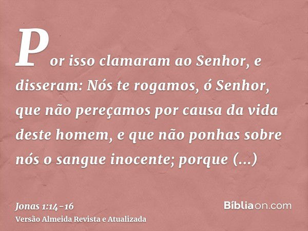 Por isso clamaram ao Senhor, e disseram: Nós te rogamos, ó Senhor, que não pereçamos por causa da vida deste homem, e que não ponhas sobre nós o sangue inocente