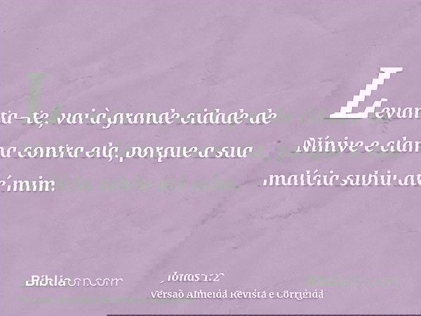 Levanta-te, vai à grande cidade de Nínive e clama contra ela, porque a sua malícia subiu até mim.