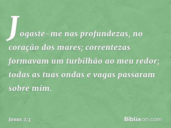 Jogaste-me nas profundezas,
no coração dos mares;
correntezas formavam um turbilhão
ao meu redor;
todas as tuas ondas e vagas
passaram sobre mim. -- Jonas 2:3