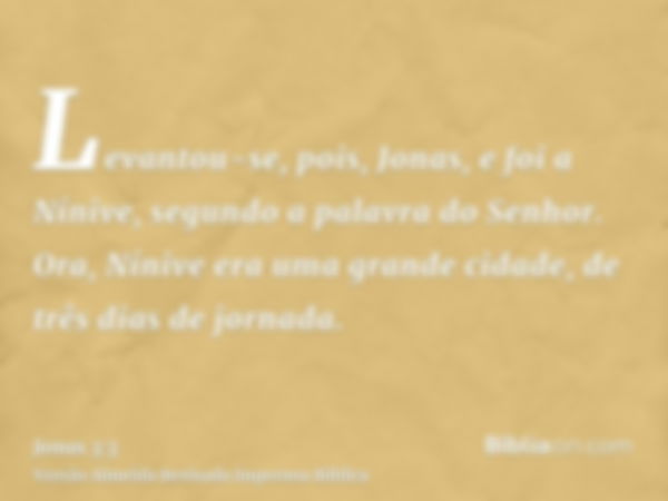 Levantou-se, pois, Jonas, e foi a Nínive, segundo a palavra do Senhor. Ora, Nínive era uma grande cidade, de três dias de jornada.