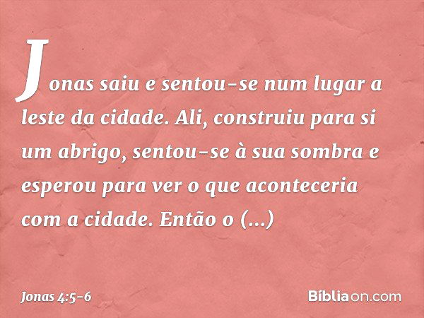 Jonas saiu e sentou-se num lugar a leste da cidade. Ali, construiu para si um abrigo, sentou-se à sua sombra e esperou para ver o que aconteceria com a cidade. 