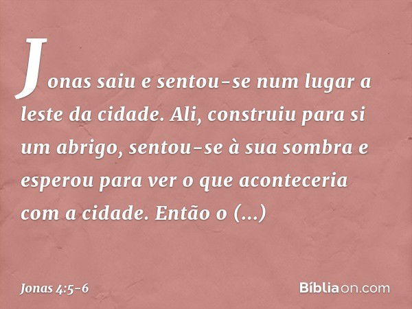 Jonas saiu e sentou-se num lugar a leste da cidade. Ali, construiu para si um abrigo, sentou-se à sua sombra e esperou para ver o que aconteceria com a cidade. 