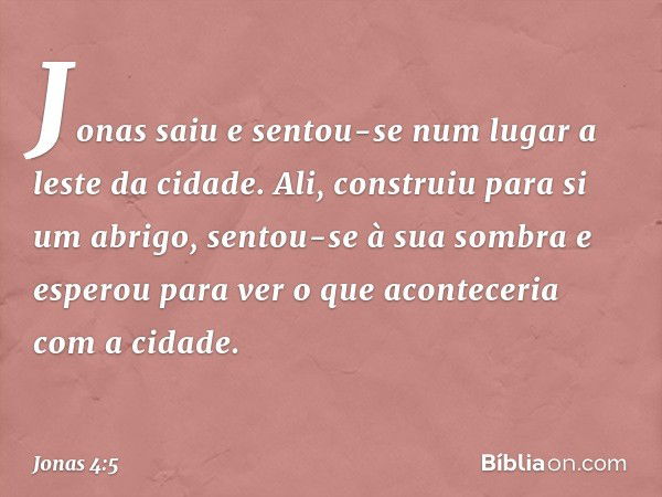 Jonas saiu e sentou-se num lugar a leste da cidade. Ali, construiu para si um abrigo, sentou-se à sua sombra e esperou para ver o que aconteceria com a cidade. 