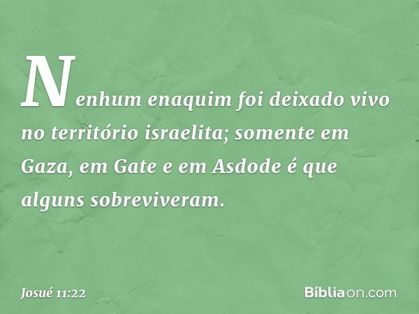 Nenhum enaquim foi deixado vivo no território israelita; somente em Gaza, em Gate e em Asdode é que alguns sobreviveram. -- Josué 11:22