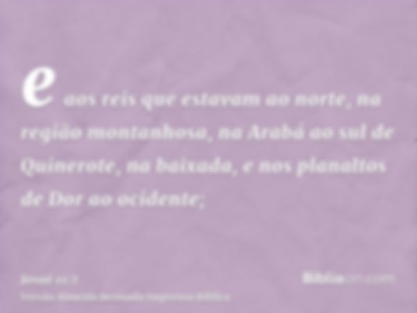 e aos reis que estavam ao norte, na região montanhosa, na Arabá ao sul de Quinerote, na baixada, e nos planaltos de Dor ao ocidente;