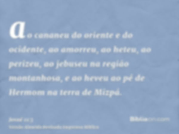 ao cananeu do oriente e do ocidente, ao amorreu, ao heteu, ao perizeu, ao jebuseu na região montanhosa, e ao heveu ao pé de Hermom na terra de Mizpá.