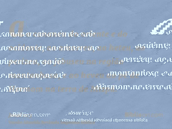 ao cananeu do oriente e do ocidente, ao amorreu, ao heteu, ao perizeu, ao jebuseu na região montanhosa, e ao heveu ao pé de Hermom na terra de Mizpá.