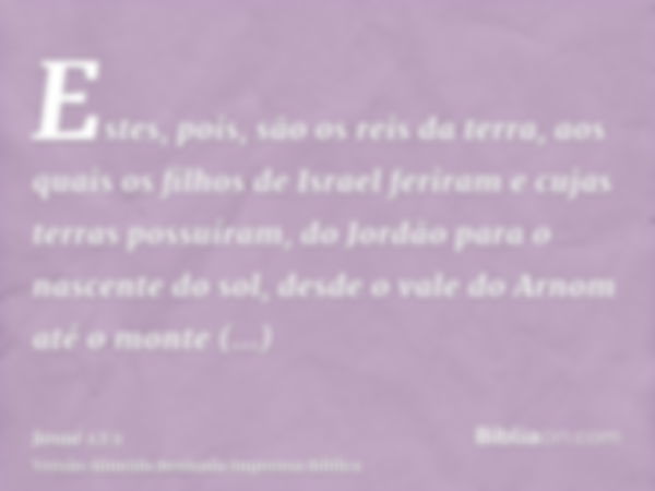 Estes, pois, são os reis da terra, aos quais os filhos de Israel feriram e cujas terras possuíram, do Jordão para o nascente do sol, desde o vale do Arnom até o