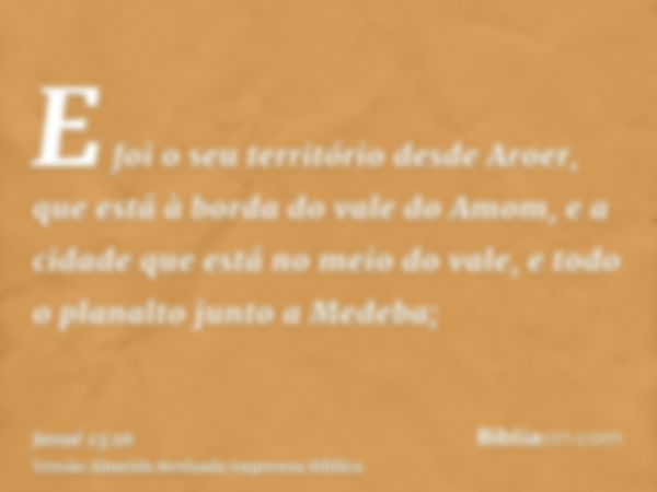 E foi o seu território desde Aroer, que está à borda do vale do Amom, e a cidade que está no meio do vale, e todo o planalto junto a Medeba;