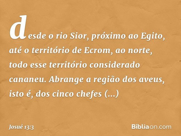 desde o rio Sior, próximo ao Egito, até o território de Ecrom, ao norte, todo esse território considerado cananeu. Abrange a região dos aveus, isto é, dos cinco