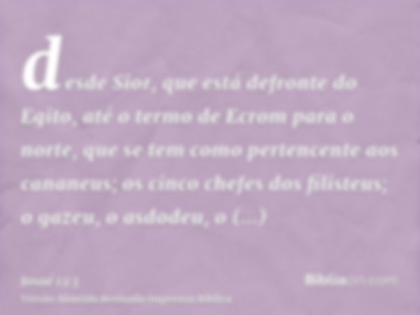 desde Sior, que está defronte do Egito, até o termo de Ecrom para o norte, que se tem como pertencente aos cananeus; os cinco chefes dos filisteus; o gazeu, o a