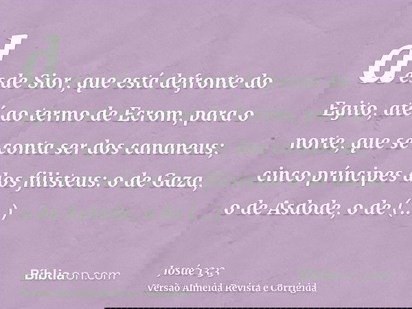 desde Sior, que está defronte do Egito, até ao termo de Ecrom, para o norte, que se conta ser dos cananeus; cinco príncipes dos filisteus: o de Gaza, o de Asdod