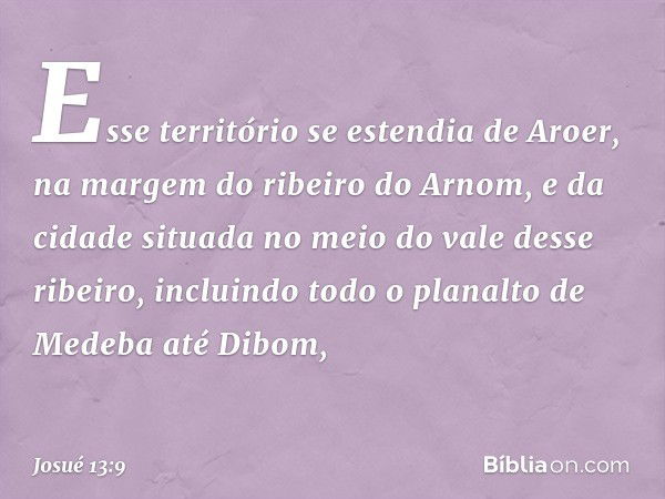 Esse território se estendia de Aroer, na margem do ribeiro do Arnom, e da cidade situada no meio do vale desse ribeiro, incluindo todo o planalto de Medeba até 