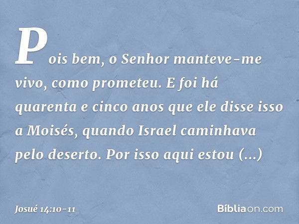 "Pois bem, o Senhor manteve-me vivo, como prometeu. E foi há quarenta e cinco anos que ele disse isso a Moisés, quando Israel caminhava pelo deserto. Por isso a