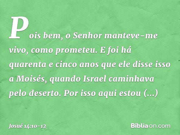 "Pois bem, o Senhor manteve-me vivo, como prometeu. E foi há quarenta e cinco anos que ele disse isso a Moisés, quando Israel caminhava pelo deserto. Por isso a