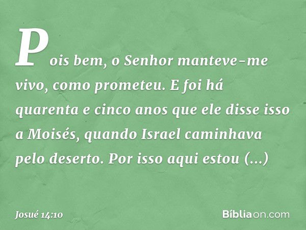 "Pois bem, o Senhor manteve-me vivo, como prometeu. E foi há quarenta e cinco anos que ele disse isso a Moisés, quando Israel caminhava pelo deserto. Por isso a