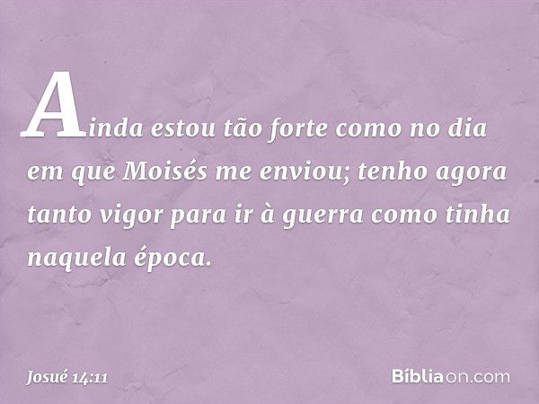 Ainda estou tão forte como no dia em que Moisés me enviou; tenho agora tanto vigor para ir à guerra como tinha naquela época. -- Josué 14:11