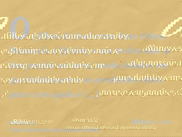 Os filhos de José eram duas tribos, Manassés e Efraim; e aos levitas não se deu porção na terra, senão cidades em que habitassem e os arrabaldes delas para o se