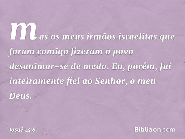 mas os meus irmãos israelitas que foram comigo fizeram o povo desanimar-se de medo. Eu, porém, fui inteiramente fiel ao Senhor, o meu Deus. -- Josué 14:8