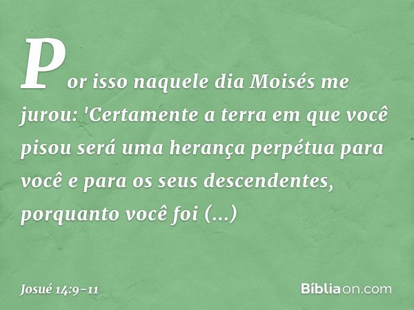 Por isso naquele dia Moisés me jurou: 'Certamente a terra em que você pisou será uma herança perpétua para você e para os seus descendentes, porquanto você foi 