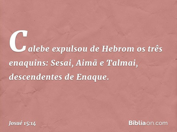 Calebe expulsou de Hebrom os três enaquins: Sesai, Aimã e Talmai, descendentes de Enaque. -- Josué 15:14