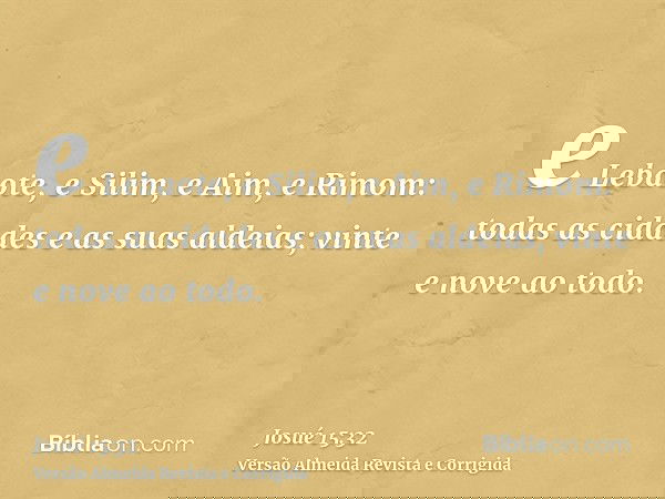 e Lebaote, e Silim, e Aim, e Rimom: todas as cidades e as suas aldeias; vinte e nove ao todo.