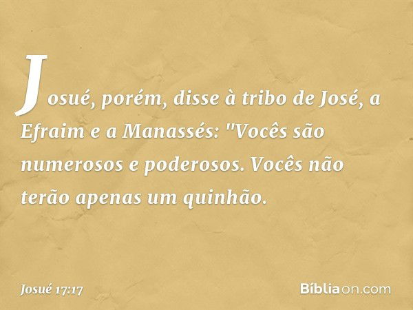 Josué, porém, disse à tribo de José, a Efraim e a Manassés: "Vocês são numerosos e poderosos. Vocês não terão apenas um quinhão. -- Josué 17:17