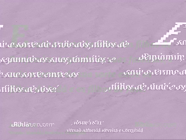 E saiu a sorte da tribo dos filhos de Benjamim, segundo as suas famílias; e caiu o termo da sua sorte entre os filhos de Judá e os filhos de José.